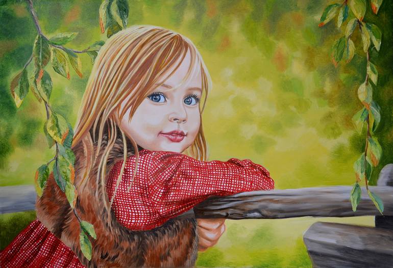 Little girl in red on the background of nature Painting by Alexandra Larina  | Saatchi Art