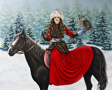 Woman on a black horse thumb