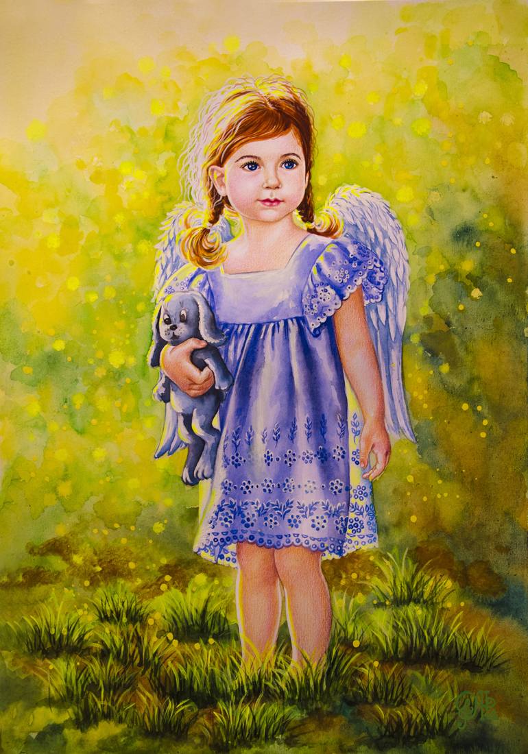 Little angel-girl on grass Painting by Alexandra Larina Satori | Saatchi Art, image size:770x1100