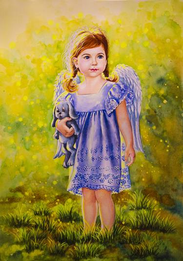 Little angel-girl on grass thumb
