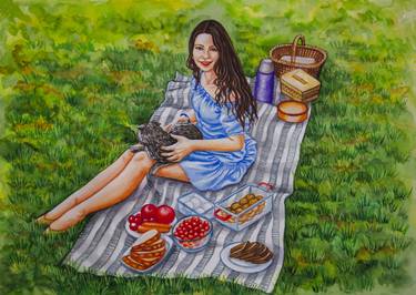 Girl in a blue dress resting on the grass thumb