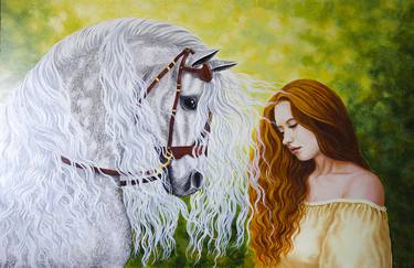 White horse and girl with red hair thumb