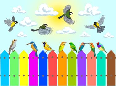 Many birds sit on a colorful fence - Limited Edition of 33 thumb