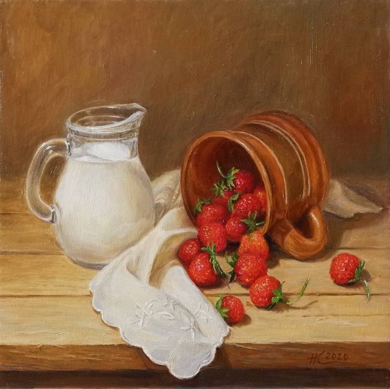 Strawberry With Milk Painting By Natalia Korbukh Saatchi Art