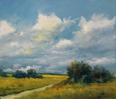 Country road Road Bushes Clouds 30 x 24 cm thumb