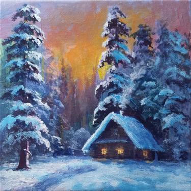 Christmas landscape Winter snowy landscape House in the forest thumb