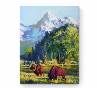 Bison's mountain landscape Bison American Original oil painting thumb