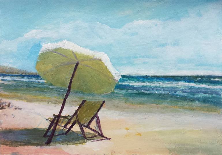 Original Ocean Painting by David Kabulashvili | Abstract Art on Paper | Ocean Beach view umbrella and chair Painting summer