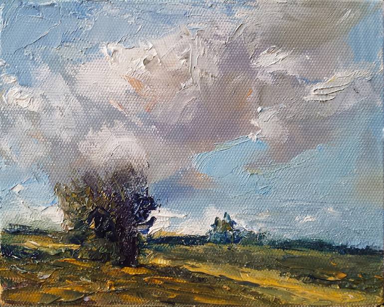 Neutral Summer landscape in pastel colors Impasto oil painting