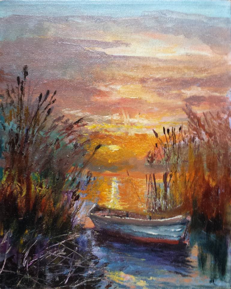 Original Boat Painting by David Kabulashvili | Contemporary Art on Canvas | Boat in the reeds at sunset