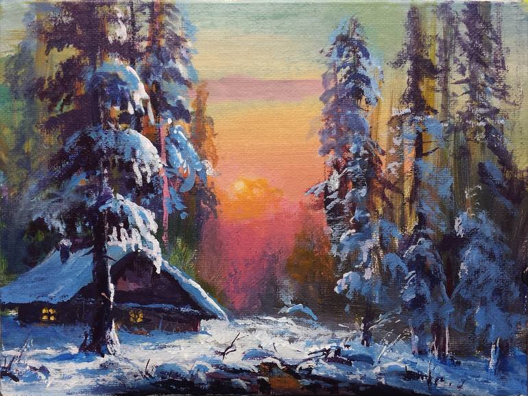 Original Landscape Painting by David Kabulashvili | Classicism Art on Canvas | Winter house in the forest by the river sunset