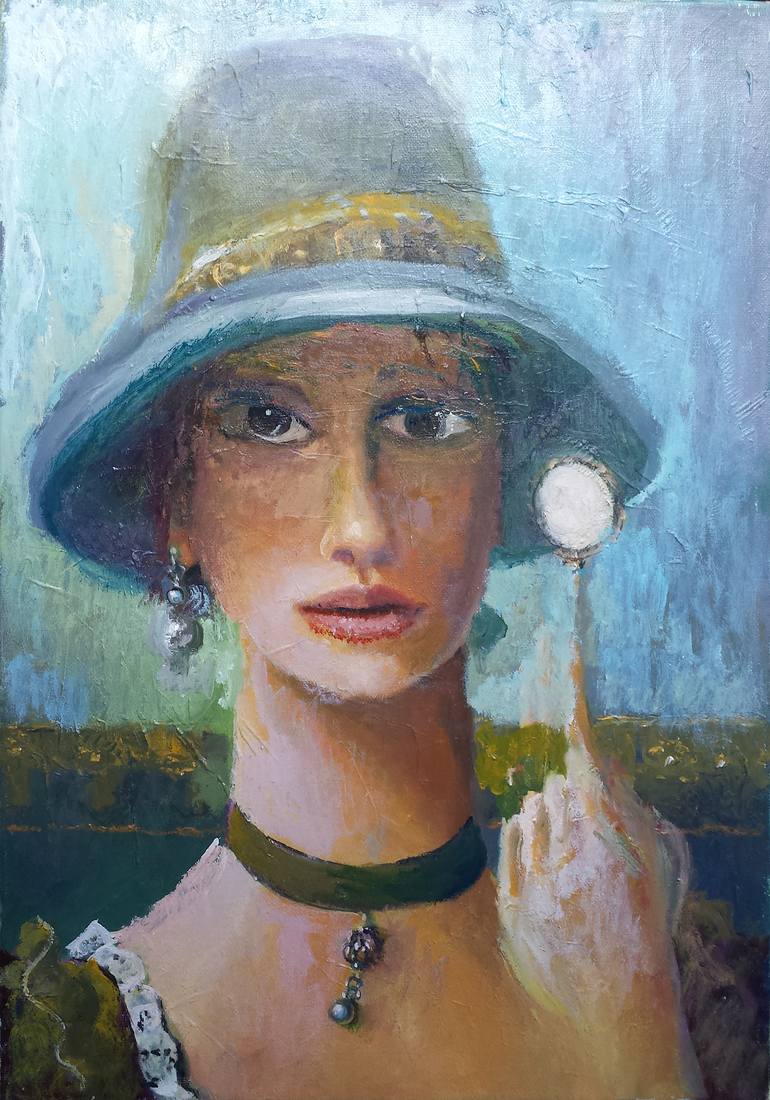 Original People Painting by David Kabulashvili | Contemporary Art on Canvas | Portrait Lady hat with mirror