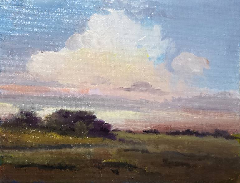 Lilac Pink Clouds Summer Landscape Original Oil Painting 8x6