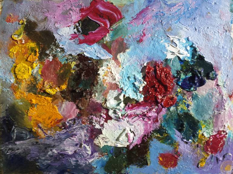 Original Abstract Painting by David Kabulashvili | Abstract Art on Hardboard | A bouquet of flowers and pomegranate red lilac