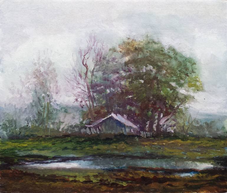 Original Landscape Painting by David Kabulashvili | Classicism Art on Paper | Cloudy Landscape House on the Lake