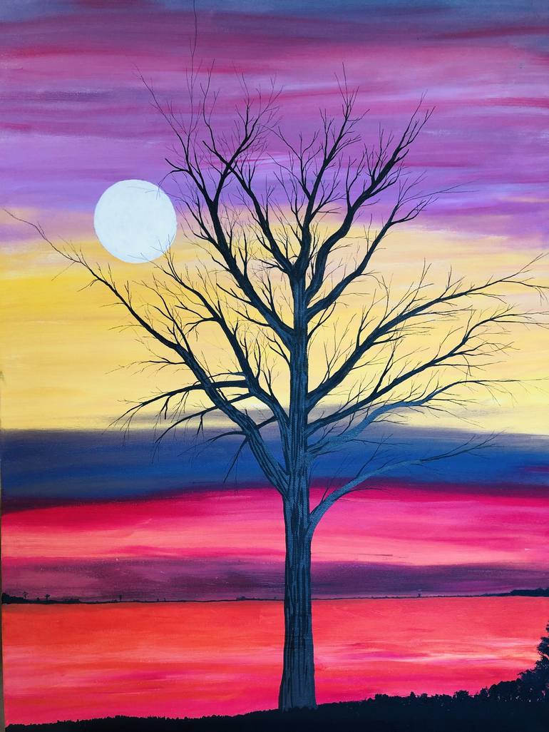 SUNSET WITH WINTER TREE Painting by Alan Jackson | Saatchi Art