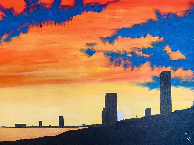 blue sky sunset painting