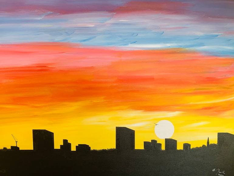 Original Cities Painting by Alan Jackson | Modernism Art on Canvas | Sunset in the city