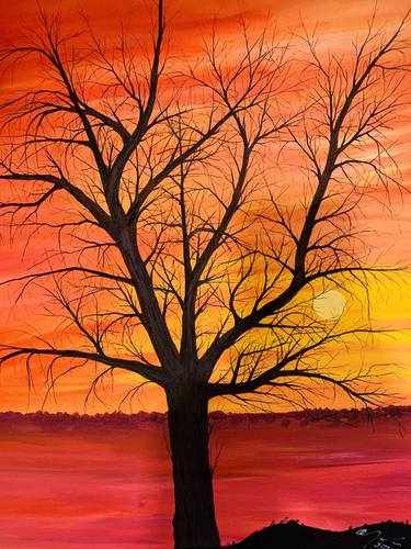 BARE TREE AT SUNSET WITH RED LAKE BACKGROUND thumb