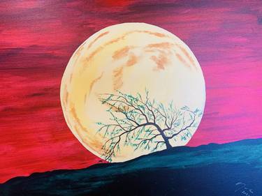 Dreamlike surreal Moon with tree and red sky thumb