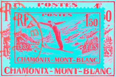 Chamonix French Alps Skiing Art- Vintage Stamp Collection Art thumb