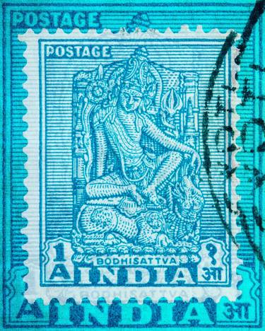 India Bodhisattva Blue Art- Vintage Stamp Collection Art thumb