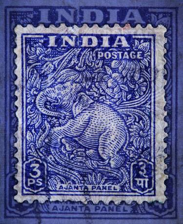 Stamp Collection Art- India Blue Elephant 1949 thumb