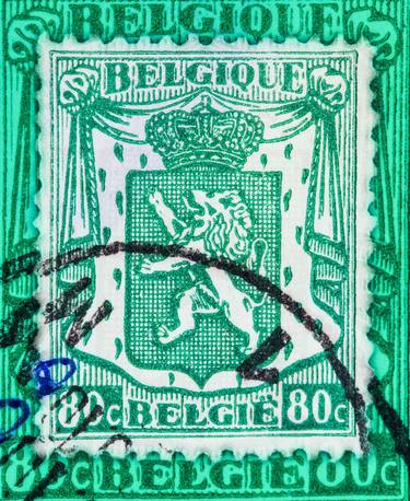 Stamp Collection Art- Belgium Lion Green 1949 Stamp thumb