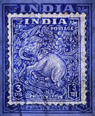 Stamp Collection Art-India Elephant Blue-Ready to Hang- Aluminium thumb