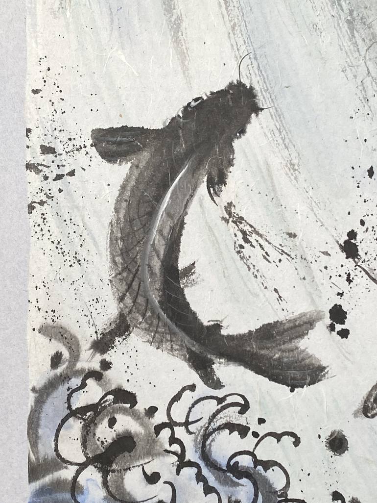 Expressionist Painting, Fine Art, Black and White, Sumi Ink, Tapestry,  Abstract, Drawing, Underwater, Fish, Ocean, Nature, Koi, Sea 