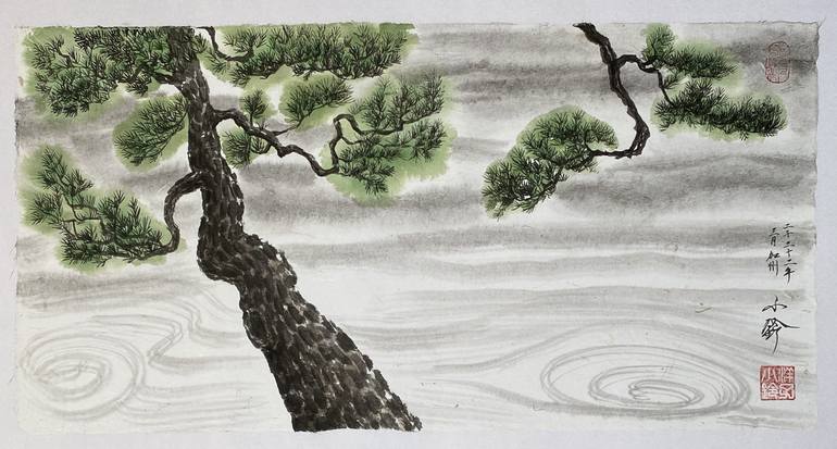 Pine Tree, Green. Japanese Sumi-E painting, Horizontal Painting by Yoko  Collin