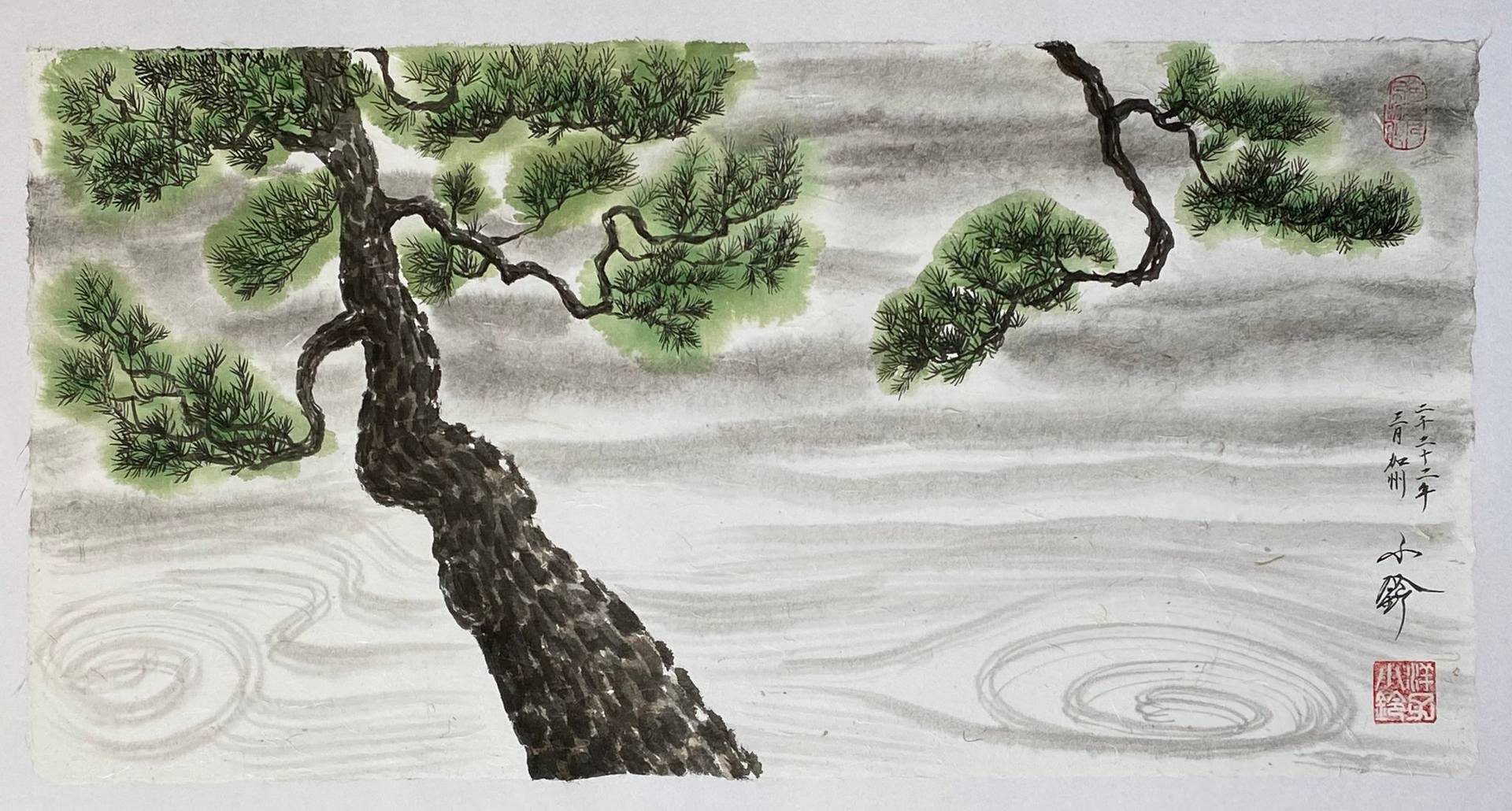 Pine Tree, Green. Japanese Sumi-E painting, Horizontal Painting by