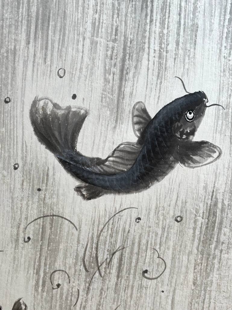 Carp Leaping Over Dragon's Gate, Japanese Sumi-E painting