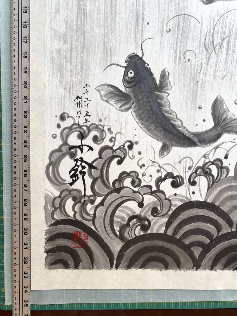 絵画 jamping 絵画 jamping Vintage Japanese Painting, Scroll. Jumping Carp