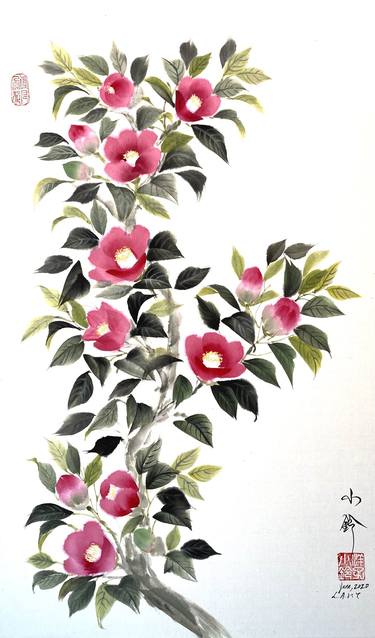 Original Sumi E Red Camellia Flowers Painting By Yoko Collin Saatchi Art