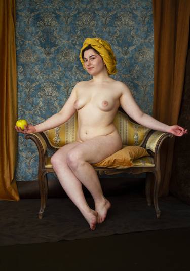 Seated nude with yellow apple. thumb