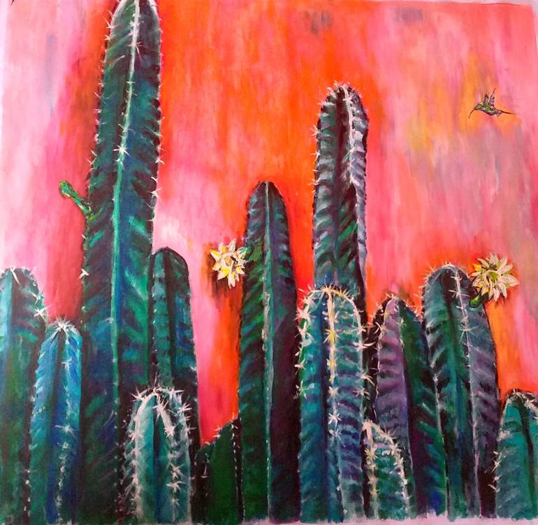Colorful Cacti Original Painting 5 X 7 Acrylic On Canvas