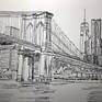 This iconic sketch of a view of the Brooklyn Bridge with the cityscape behind it is inspired by the raw reality of life expressed and captured through a very real medium of ink on acid free paper