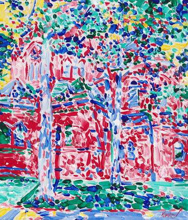 Red brick house abstract painting trees cityscape expressionism thumb