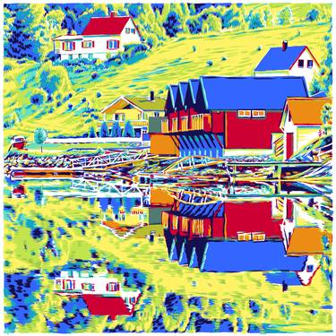 Seascape painting Norway fishing cottages colorful large thumb