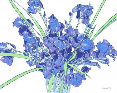 Iris painting Blue flower original art Floral violet botanical thumb