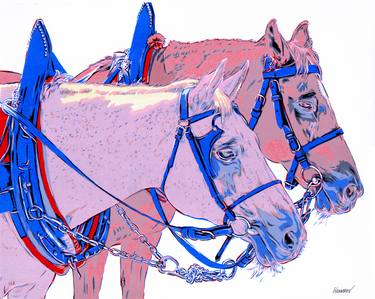 Horses painting Farm animal original art Pink farmhouse 20 by 16 thumb