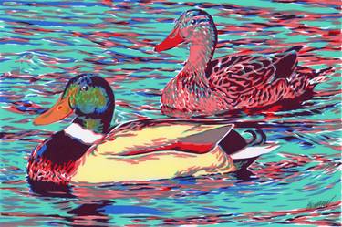 Mallard duck couple on a lake painting Birds animal original art thumb