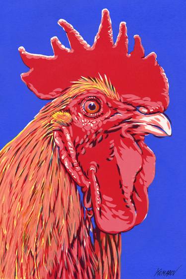 Rooster original painting colorful red blue animal portrait thumb