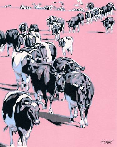 Herd of cows painting farm animal original art pink white black thumb