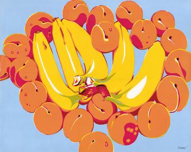 Banana apricot painting Kitchen original art Fruit food pop art thumb
