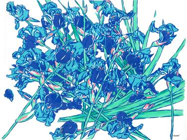 Iris flower painting Blue floral original art Botanical artwork thumb