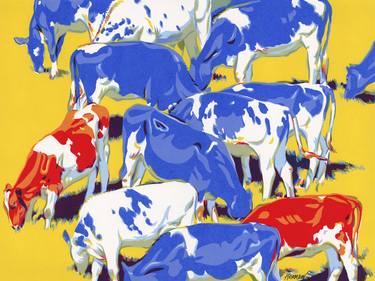 Herd of cowes painting, colorful original art, field animal landscape painting thumb