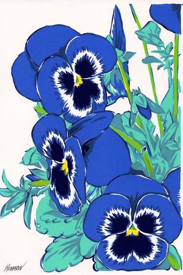 Pansy flowers painting Floral original art Blue flower artwork colorful pop art thumb