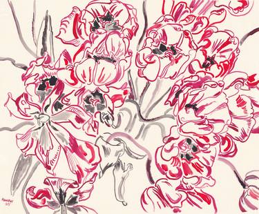 Red tulip bouquet botanical ink on paper floral wall art thumb